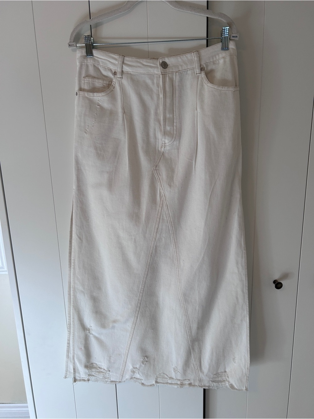 We The Free Ivory Distressed Denim Midi Skirt